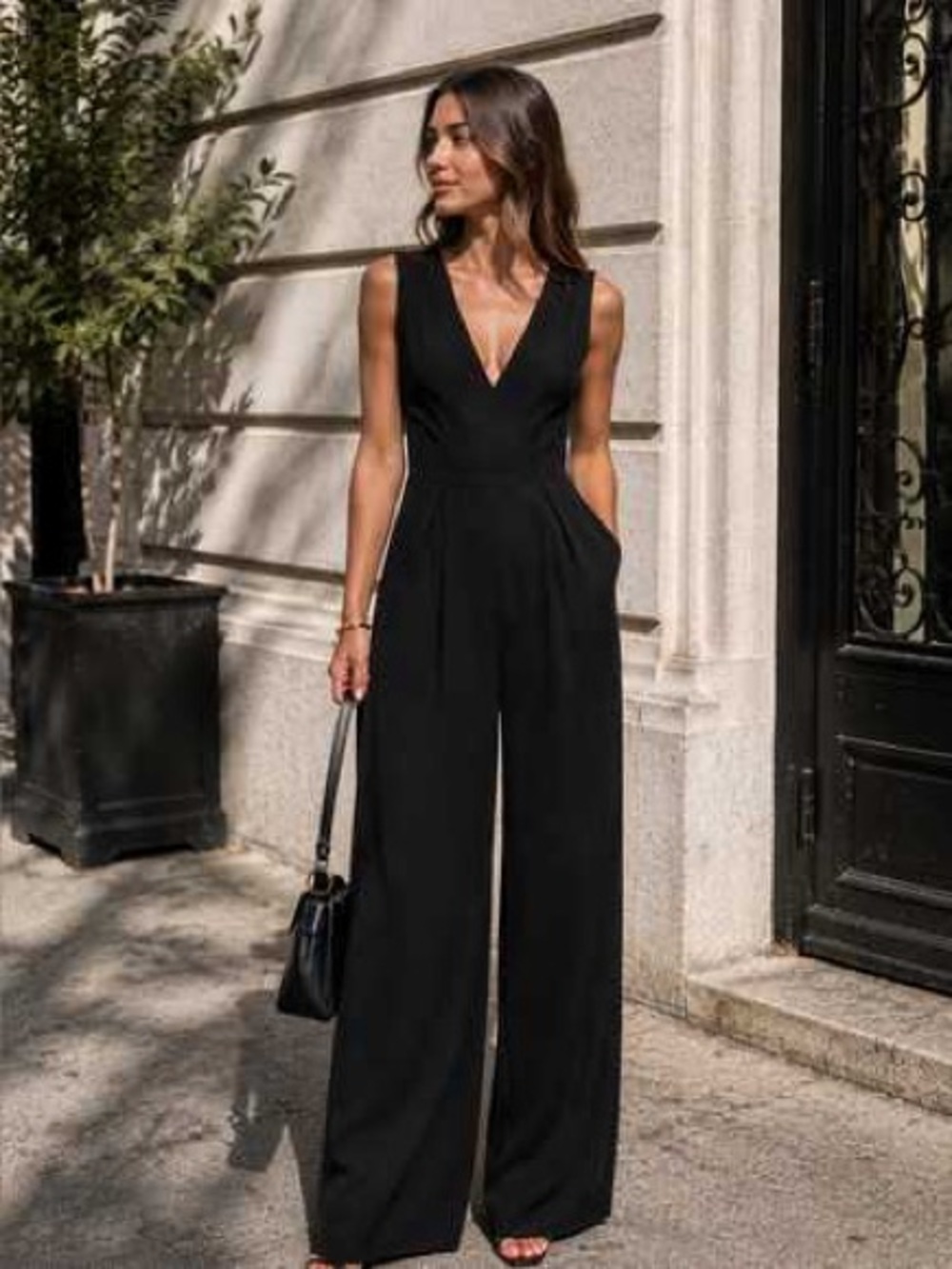 Aritzia Babaton Sleeveless V-Neck Wide-Leg Jumpsuit - Black